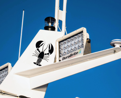 Side view of Durabrite deck light on a boat, sunny clear day